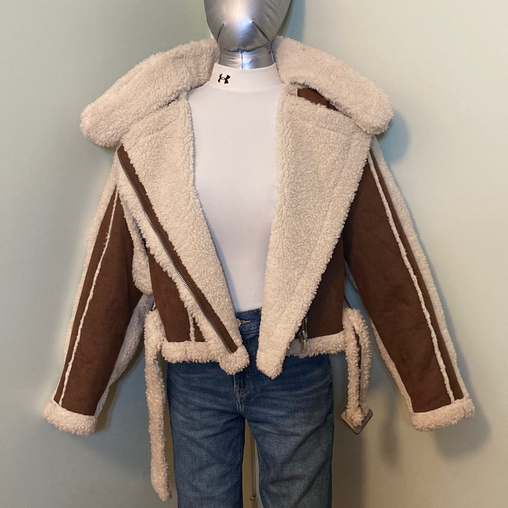 Brown Faux Shearling Biker Jacket with Cream Trim - Picture 6 of 14